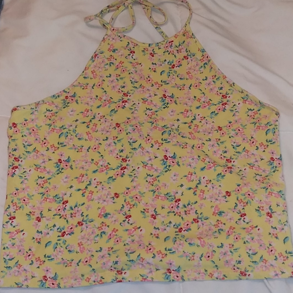 Trendy Forever 21 Halter yellow floral crop top xl